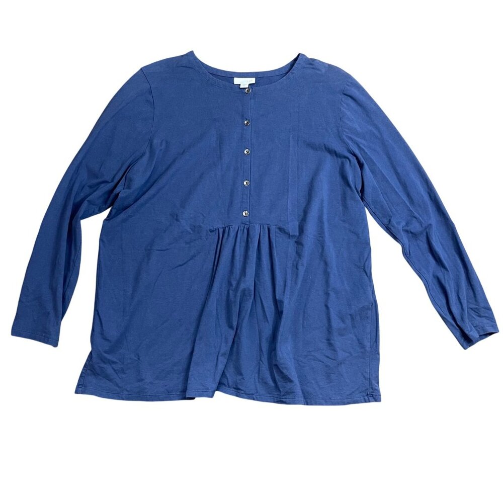 J.Jill Knit Top Women's Size XL Cotton Long Roll Tab Sleeves Button Front Blue